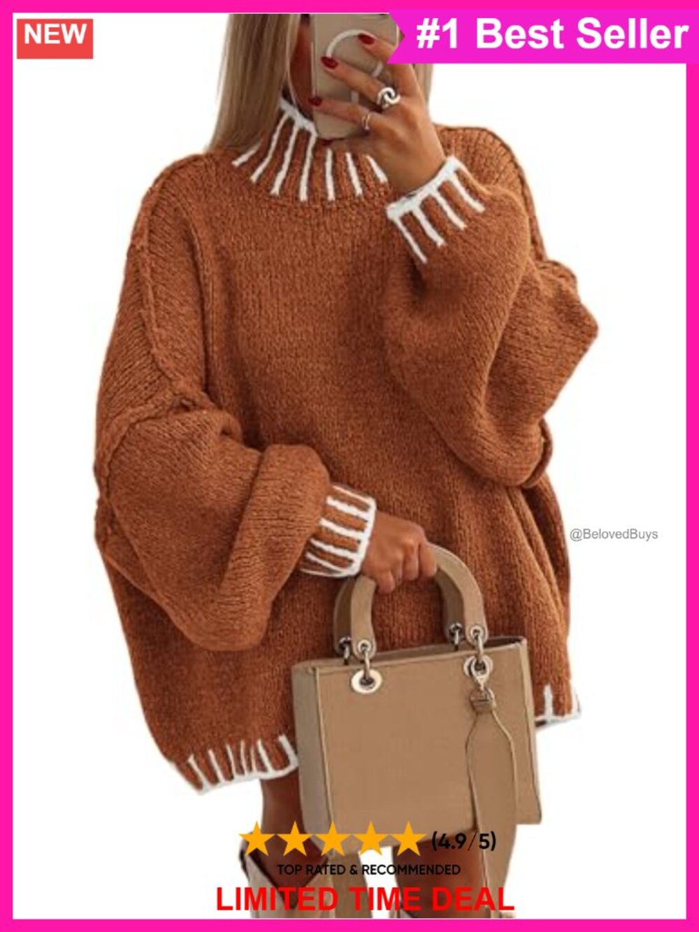 Womens Oversized Mock Neck Pullover Sweater Chunky Knit Tunic
